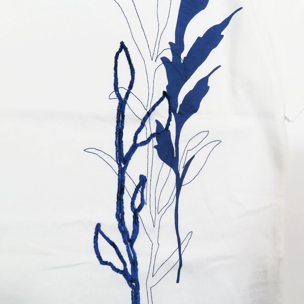Hermes Herbarium Print Embroidery T-Shirt Short Sleeve Crew Neck Top White Blue