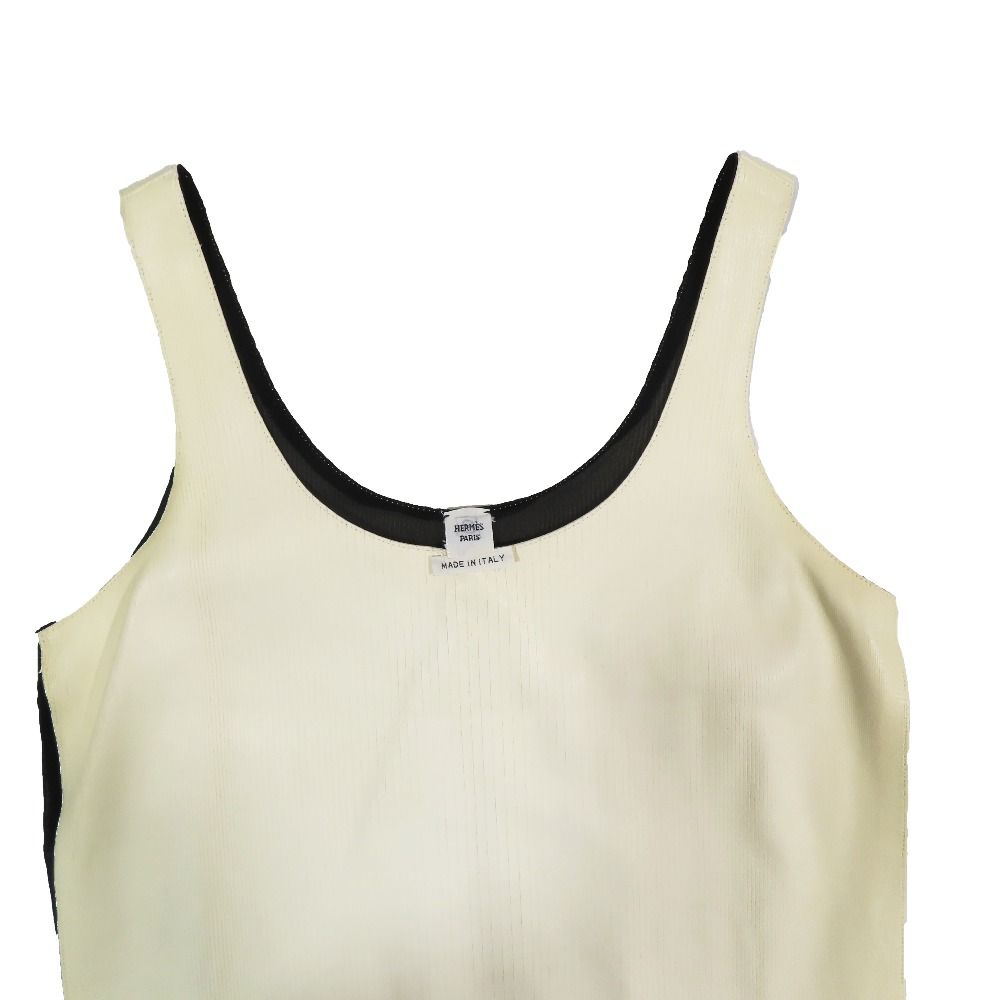 Hermes Lambskin Leather Contrast Sleeveless Dress Knee Length Ivory 34
