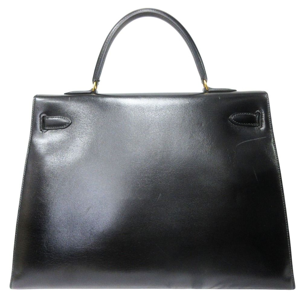 Hermes Kelly 35 Hand Bag Box Calfskin Leather Sellier Gold Vintage Black