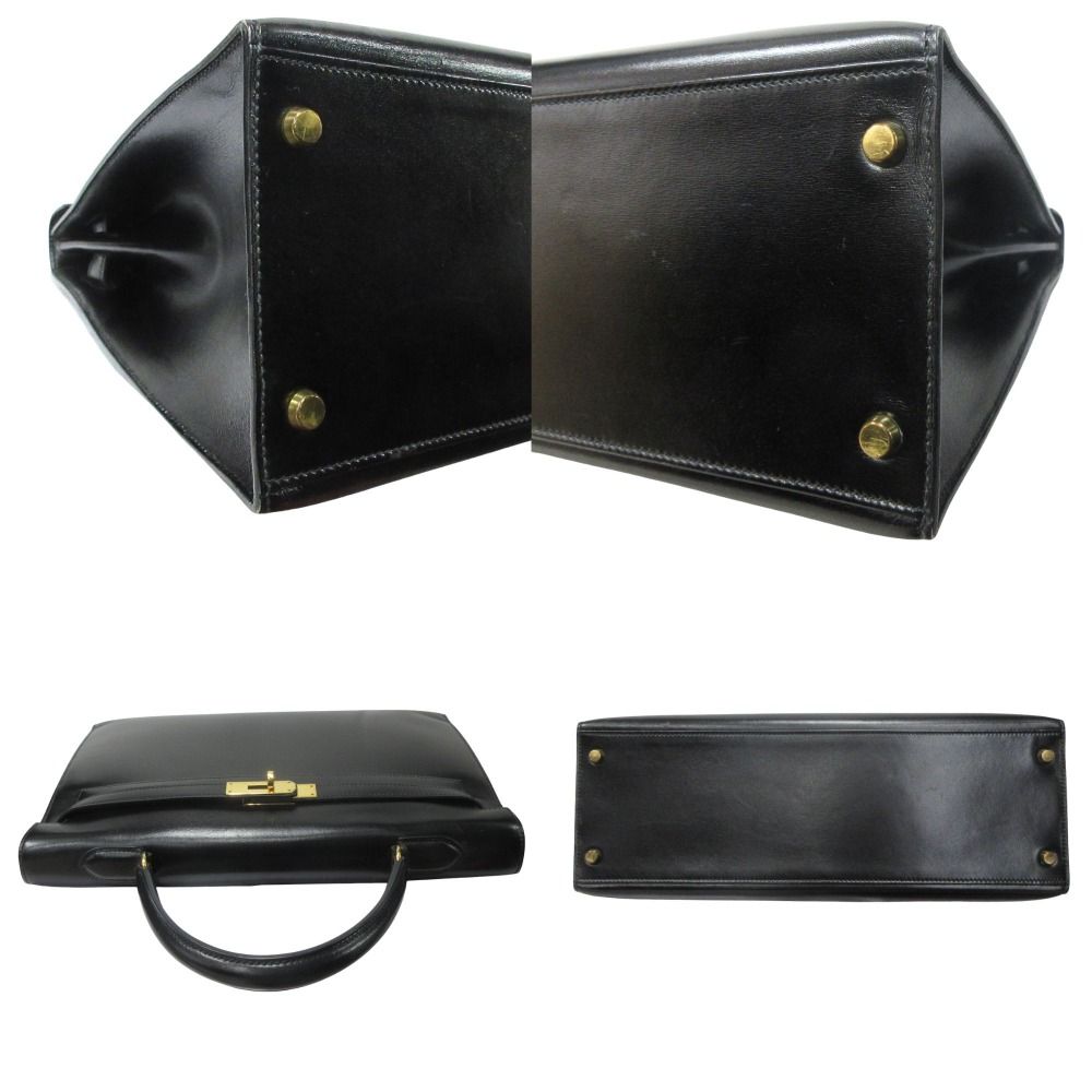 Hermes Kelly 35 Hand Bag Box Calfskin Leather Sellier Gold Vintage Black
