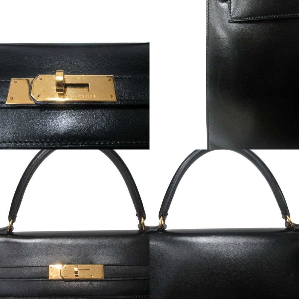 Hermes Kelly 35 Hand Bag Box Calfskin Leather Sellier Gold Vintage Black