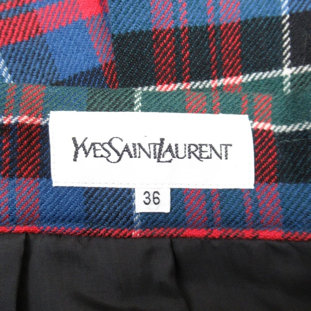 Saint Laurent Vintage Yves Tartan Check Pleated Skirt Knee Length 36 Red Multi