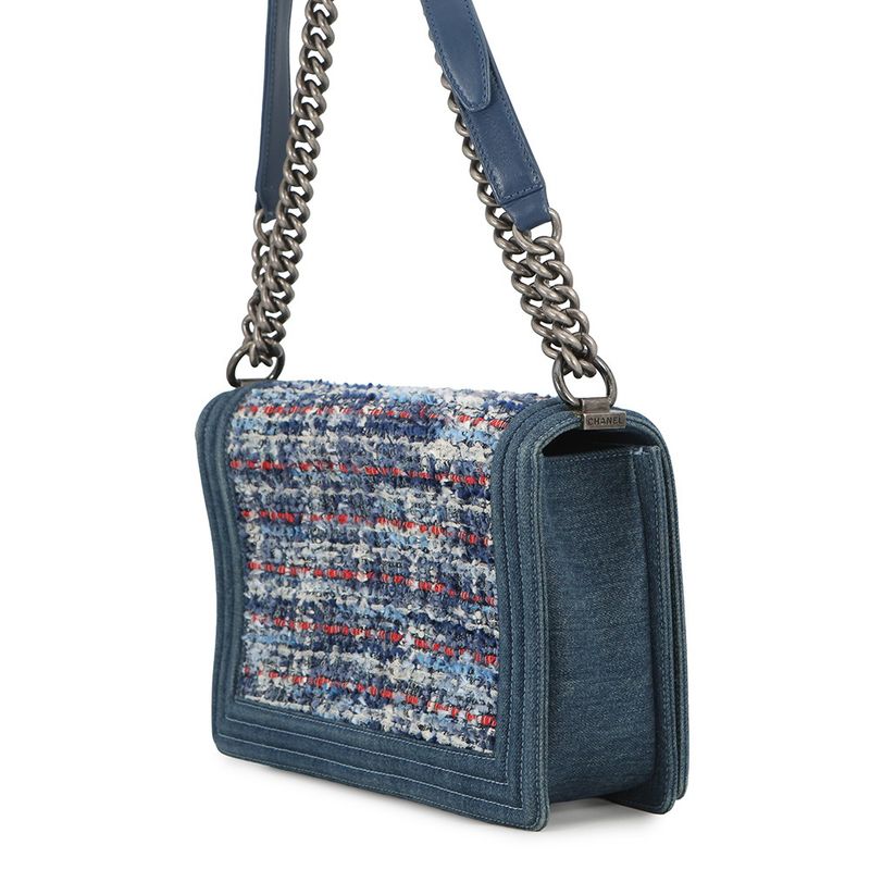 Chanel Chain Shoulder Bag CC Logo Bow Denim Tweed