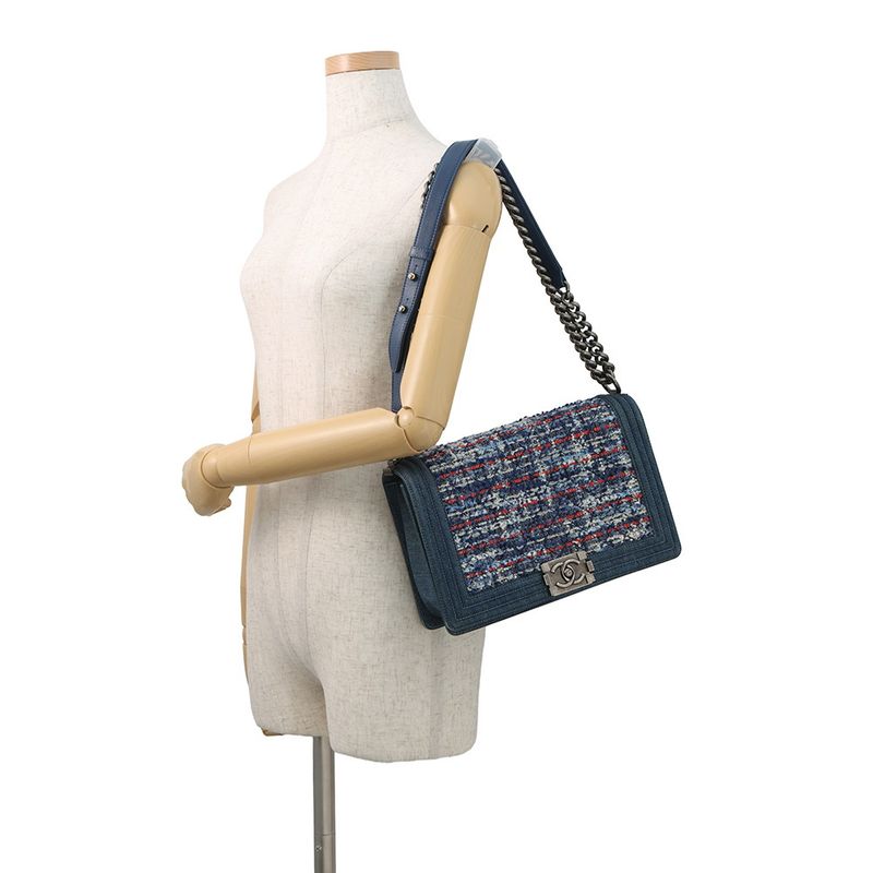 Chanel Chain Shoulder Bag CC Logo Bow Denim Tweed