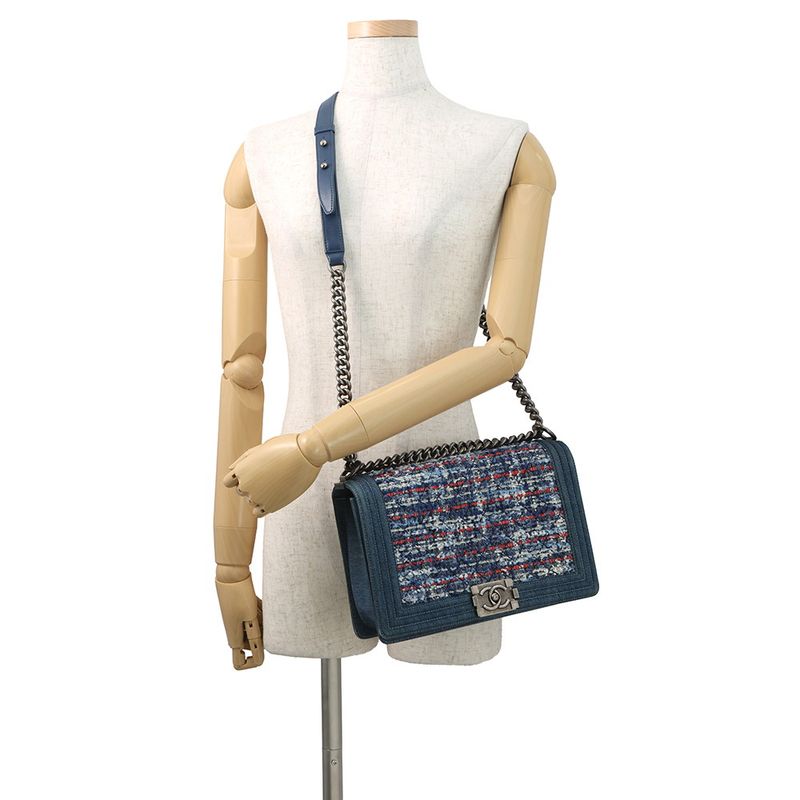 Chanel Chain Shoulder Bag CC Logo Bow Denim Tweed