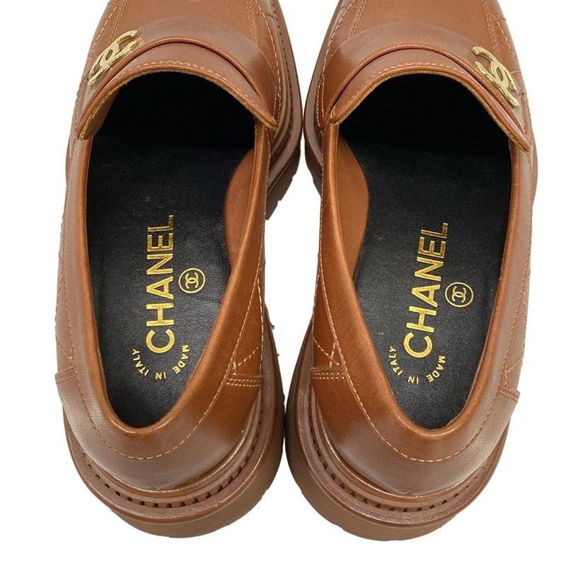 Chanel Loafers 36 C Quilted Brown Gold CC Logo