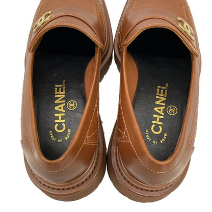 Chanel Loafers 36 C Quilted Brown Gold CC Logo