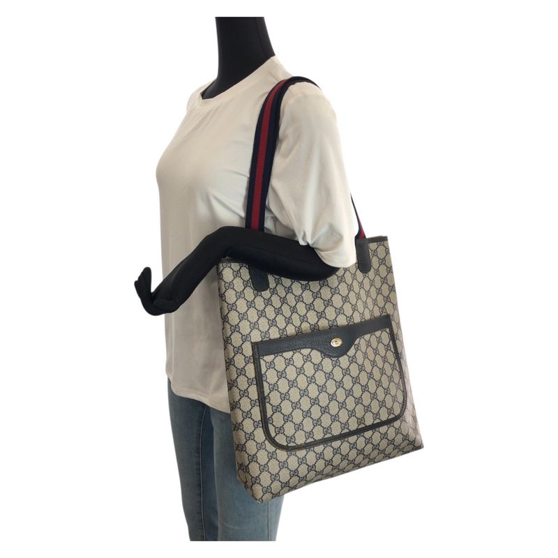 Gucci Sherry Line Vintage Navy GG Supreme Canvas Leather Tote