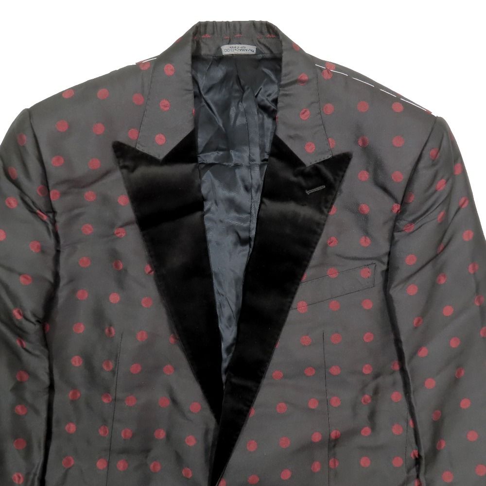 Dolce & Gabbana Tuxedo Jacket Teil Silk Dot Pattern Velour Contrast Black Red 50