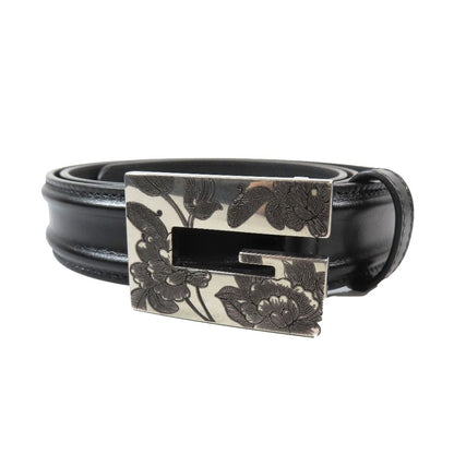 Gucci Square Flower Buckle Belt Leather Memorable Eyelet Black Silver