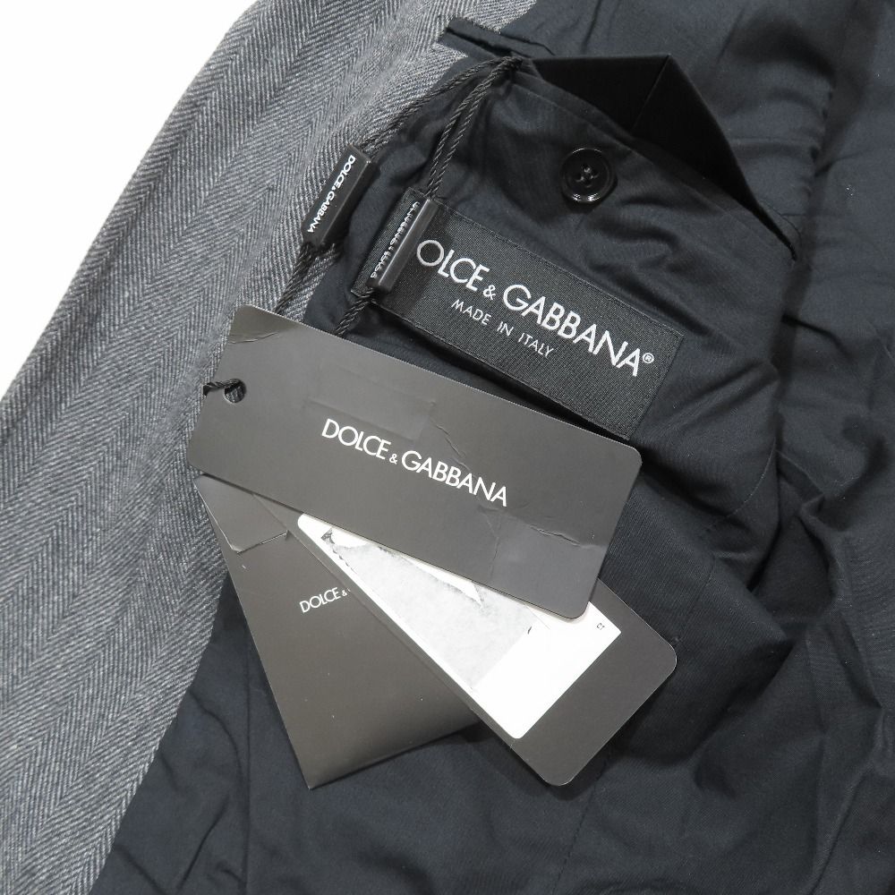 Dolce & Gabbana Herringbone Tailored Jacket Blue Leather Piping Fully Lining 46