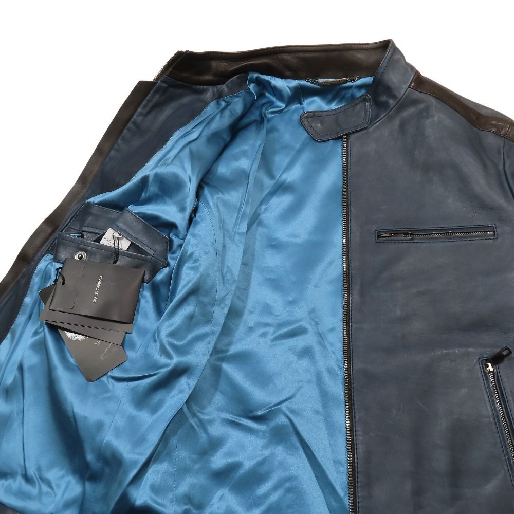 Dolce & Gabbana Leather Single Rider Jacket Line Zip 48 Blue