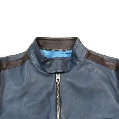 Dolce & Gabbana Leather Single Rider Jacket Line Zip 48 Blue