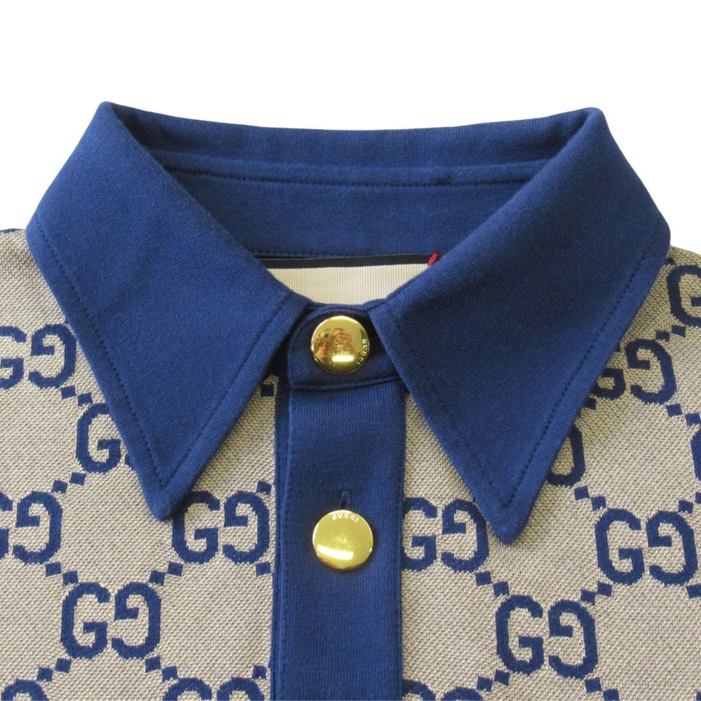 Gucci Maxi GG Polo Shirt Top Short Sleeve Gold Button XS Navy Beige