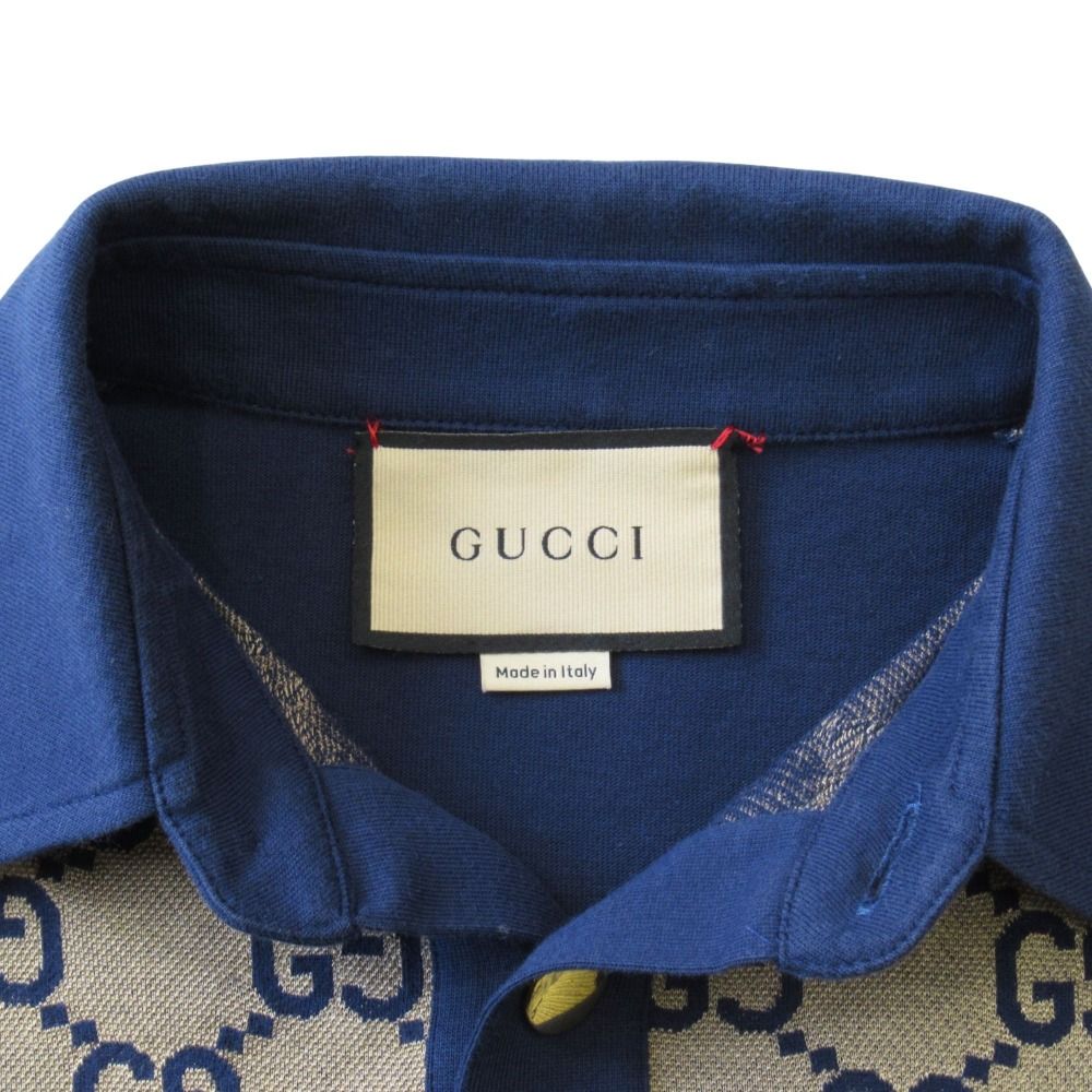 Gucci Maxi GG Polo Shirt Top Short Sleeve Gold Button XS Navy Beige