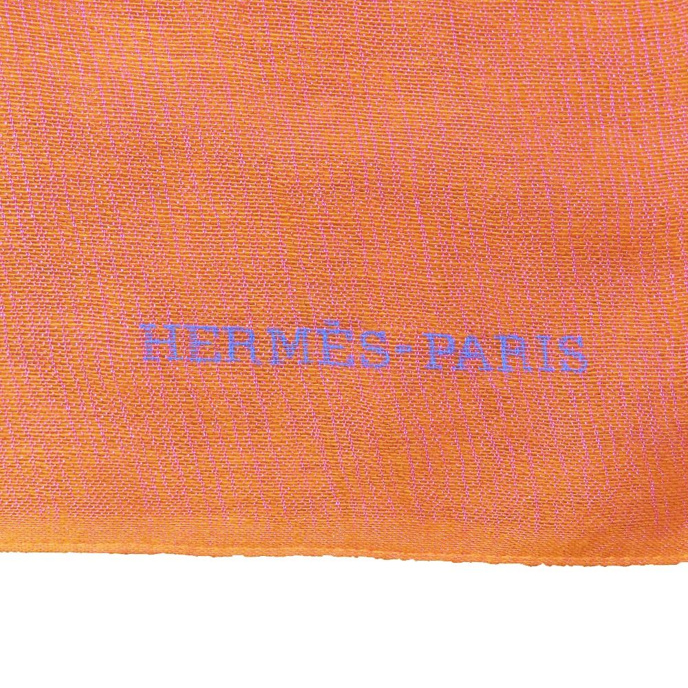 Hermes Cashmere Silk Large Shawl Plume Stitching Scarf Orange Blue