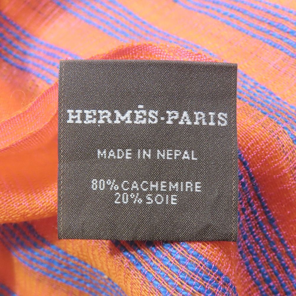 Hermes Cashmere Silk Large Shawl Plume Stitching Scarf Orange Blue