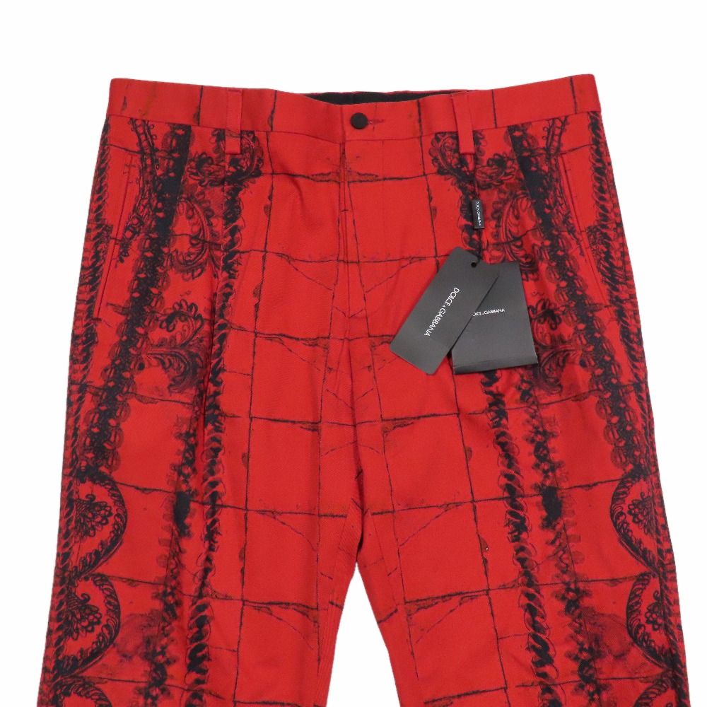 Dolce & Gabbana Lace Allover Check Trousers Cropped Pants Cotton 50 Red