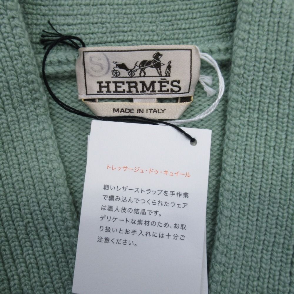 Hermes Cashmere 100% Knit Cardigan Leather Trim Braided Sweater Top S Green