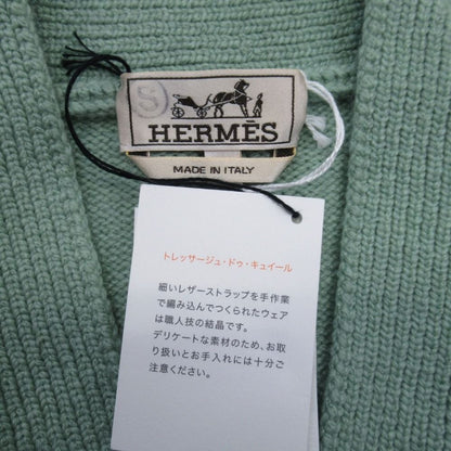 Hermes Cashmere 100% Knit Cardigan Leather Trim Braided Sweater Top S Green