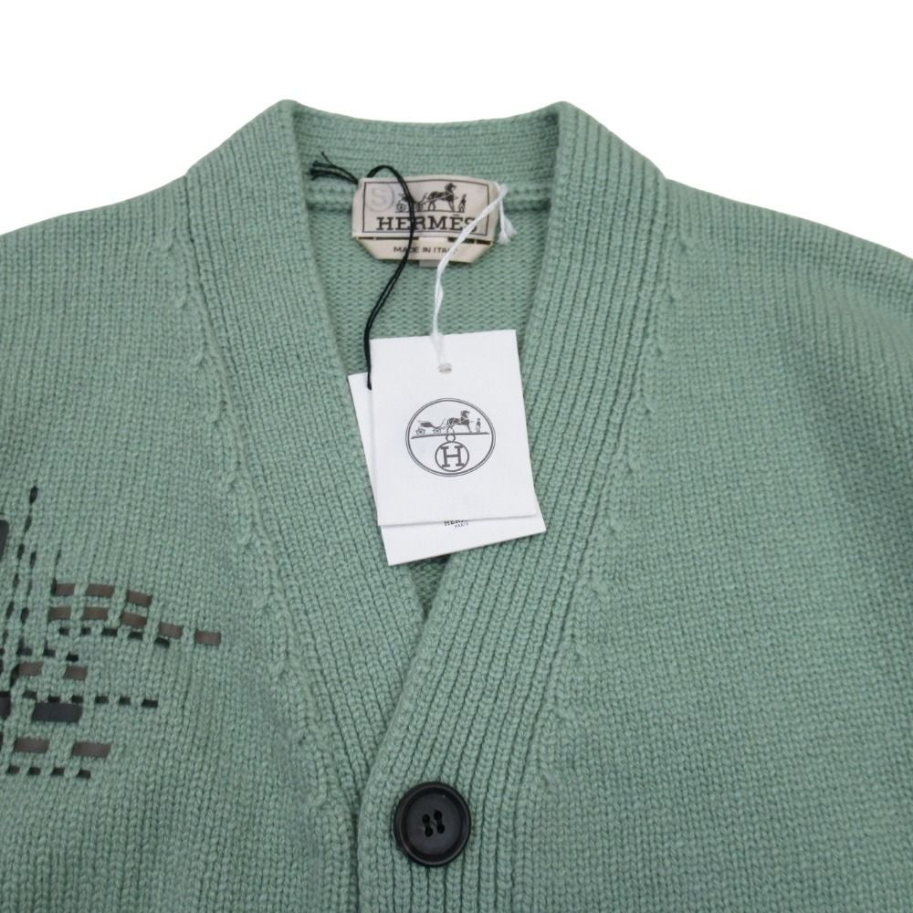 Hermes Cashmere 100% Knit Cardigan Leather Trim Braided Sweater Top S Green