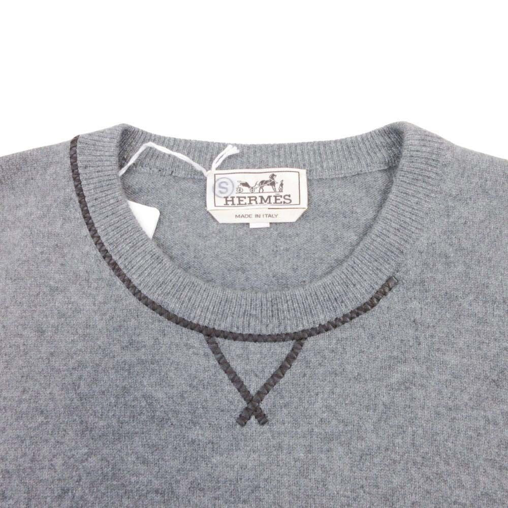 Hermes Cashmere Knit Leather Trim Sweater Pullover Crew Neck Long Sleeve Top XL