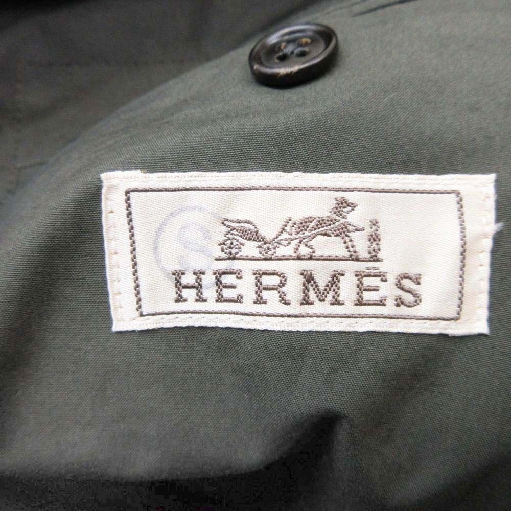 Hermes Cotton Tailored Jacket Single 2 Buttons Blue Leather Piping 50 Olive