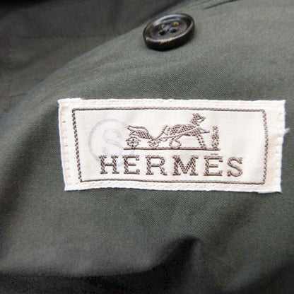 Hermes Cotton Tailored Jacket Single 2 Buttons Blue Leather Piping 50 Olive