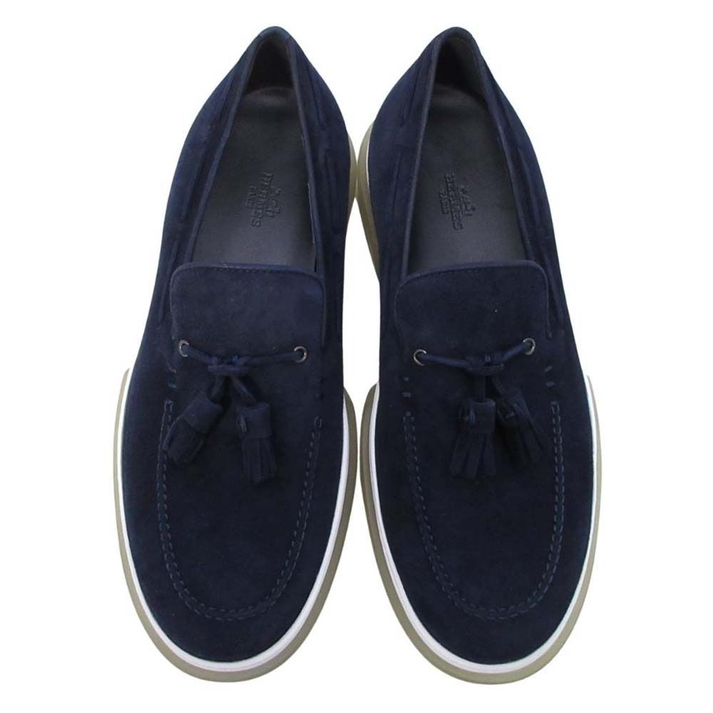 Hermes Suede Tassel Slip on Loafers Sneakers Shoes 40.5 Navy