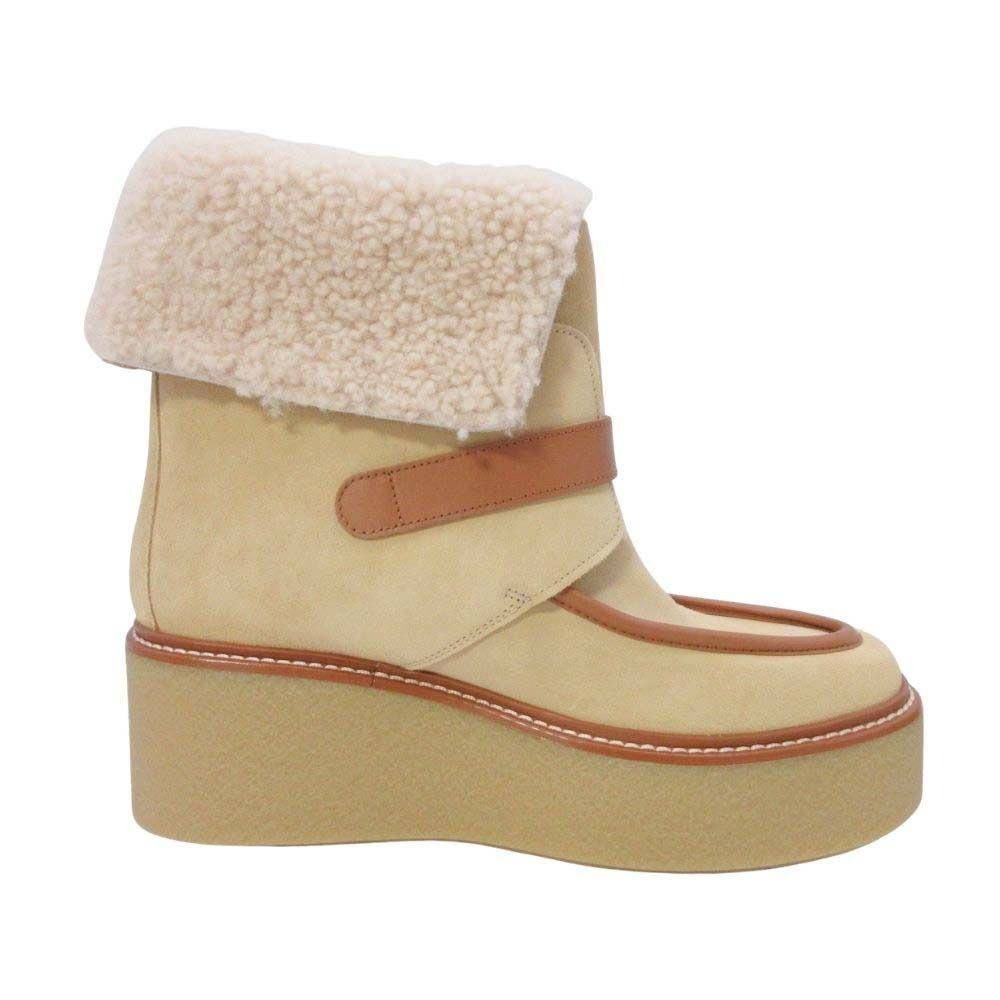 Hermes Shearling Boots 2-Way Platform Shoes 38.5 Beige