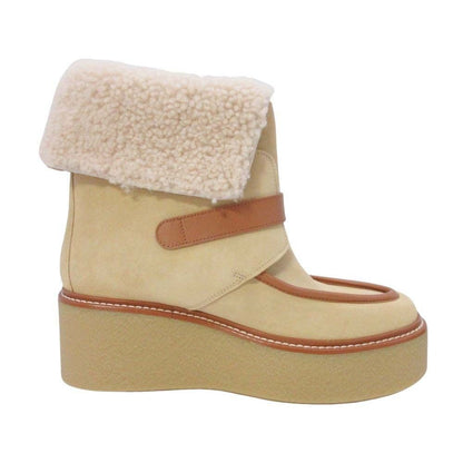 Hermes Shearling Boots 2-Way Platform Shoes 38.5 Beige