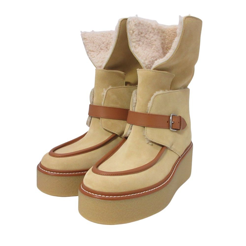 Hermes Shearling Boots 2-Way Platform Shoes 38.5 Beige
