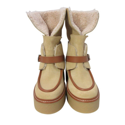 Hermes Shearling Boots 2-Way Platform Shoes 38.5 Beige