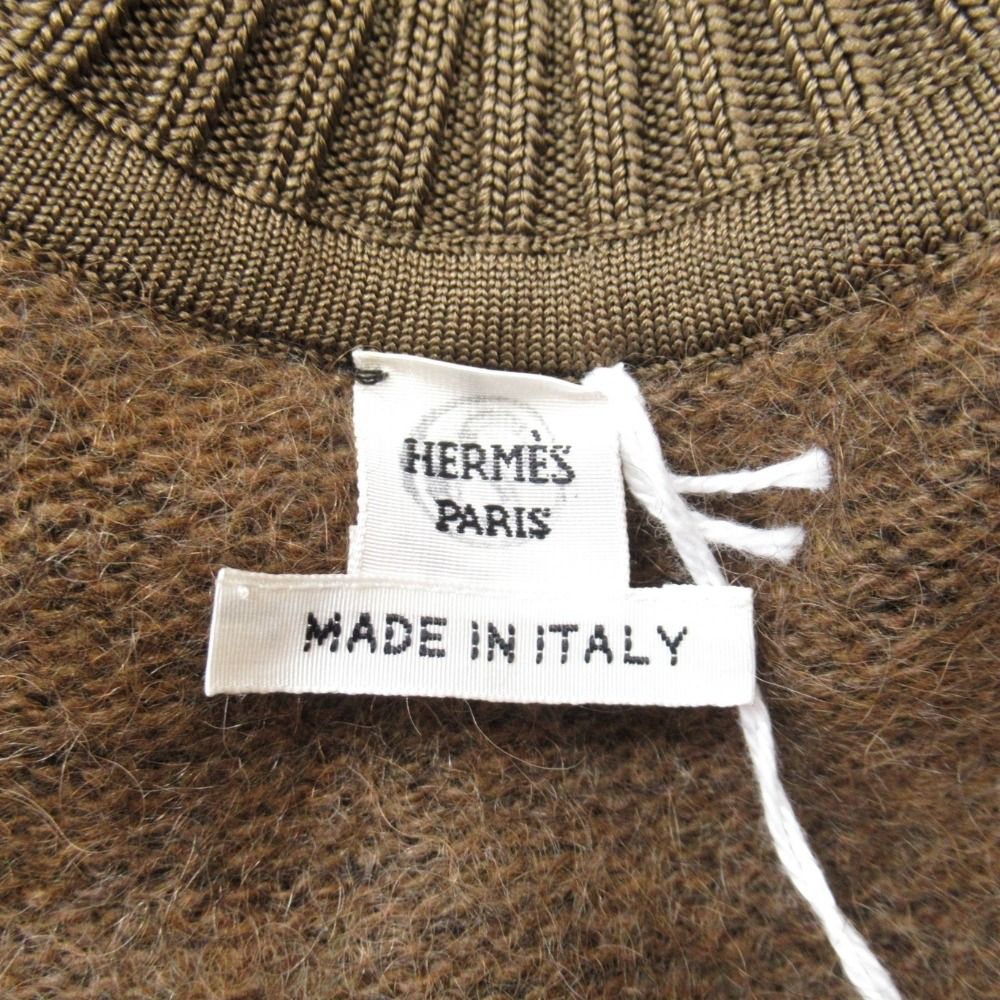 Hermes Mohair Brushed Shaggy Knit Sweater Top Ribbed High Neck Top 38 Brown