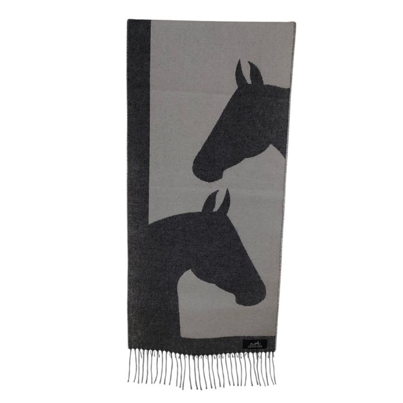 Hermes Cashmere Love Story Horse Pattern Fringe Scarf Gray Off White