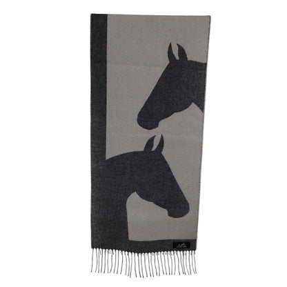 Hermes Cashmere Love Story Horse Pattern Fringe Scarf Gray Off White