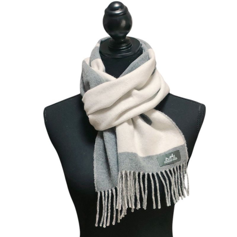 Hermes Cashmere Love Story Horse Pattern Fringe Scarf Gray Off White