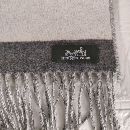 Hermes Cashmere Love Story Horse Pattern Fringe Scarf Gray Off White