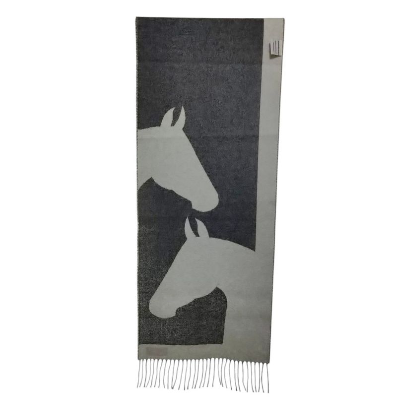 Hermes Cashmere Love Story Horse Pattern Fringe Scarf Gray Off White