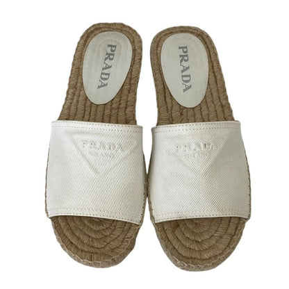 Prada Triangle Logo Espadrille Sandals 37 White