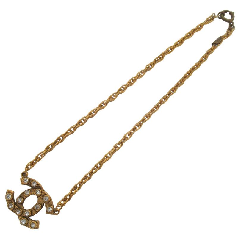 Chanel CC Logo Line Stone Chain Necklace Gold Plated