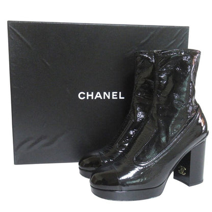 Chanel 23k CC Logo Patent Leather Short Boots Black