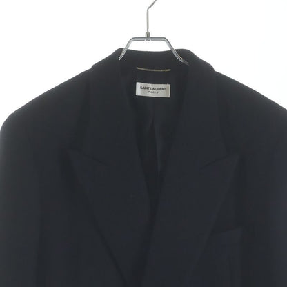 Saint Laurent Paris Silk Metal Button Double Breasted Middle Coat Black
