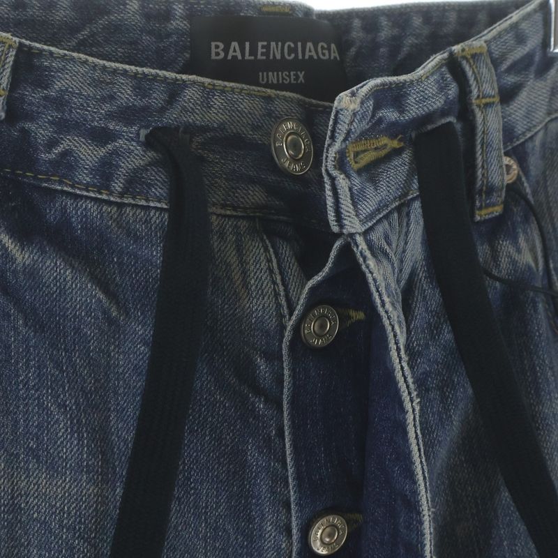 Balenciaga Oversize Baggy Denim Pants Distressed Drawstring Button Fly Indigo