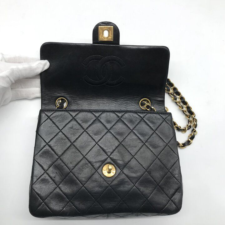 Chanel Mini Quilted CC Logo Turnlock Chain Shoulder Bag Lambskin Black