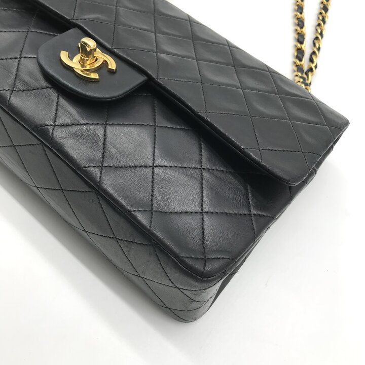 Chanel Quilted 25 CC Logo Double Flap Chain Shoulder Bag Lambskin Black