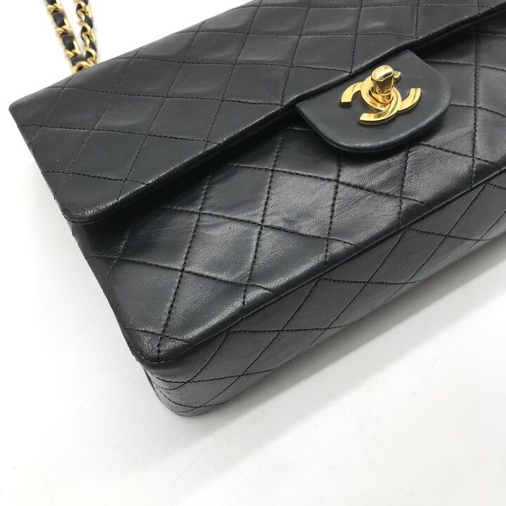 Chanel Quilted 25 CC Logo Double Flap Chain Shoulder Bag Lambskin Black
