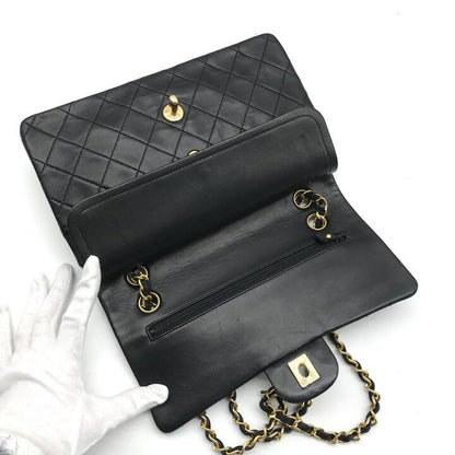 Chanel Quilted 25 CC Logo Double Flap Chain Shoulder Bag Lambskin Black