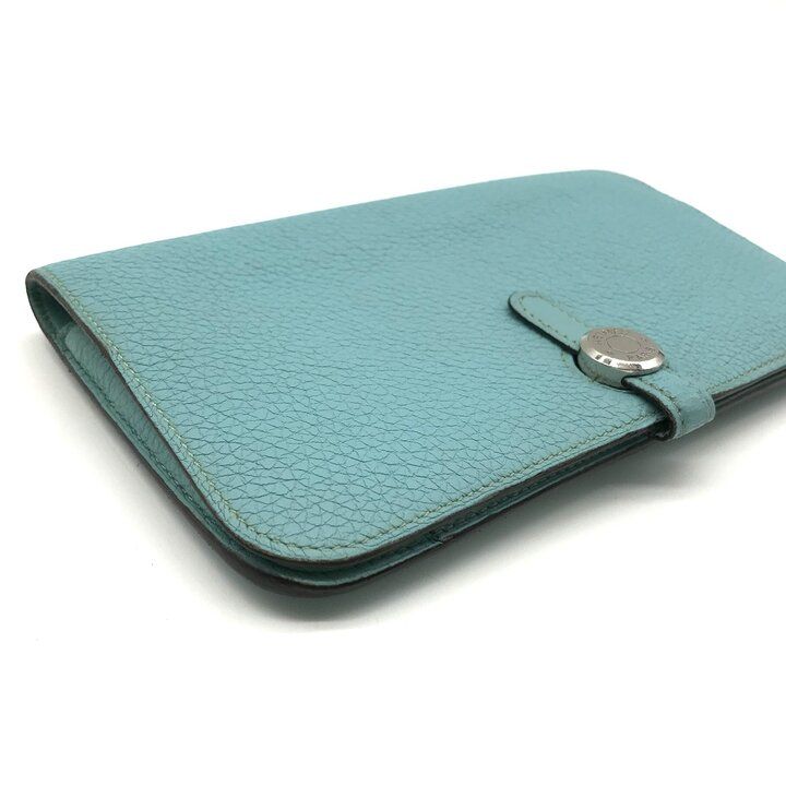 Hermes Dogon GM Duo Wallet Bifold Leather Silver Turquoise Blue