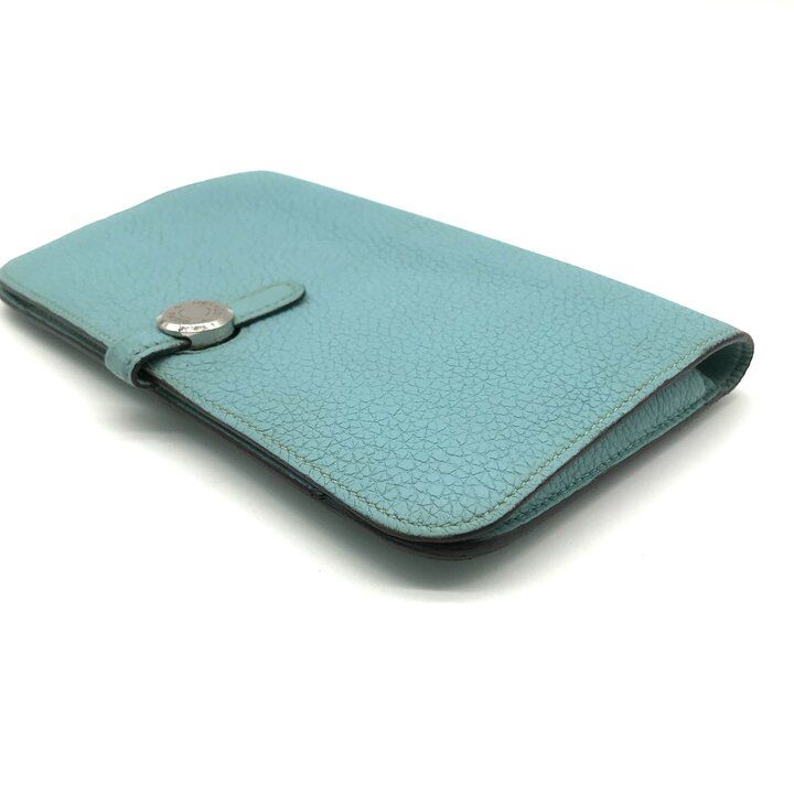 Hermes Dogon GM Duo Wallet Bifold Leather Silver Turquoise Blue